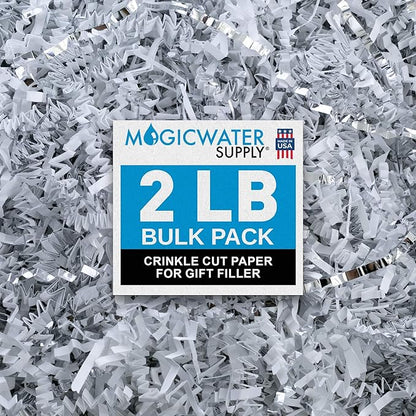 MagicWater Crinkle Cut Paper for Gift Baskets - 2LB - White & Silver - Perfect for Shredded Paper Filler, Basket Filler, Gift Boxes, Christmas Gifts, Christmas Stuffers & More – for All Occasions