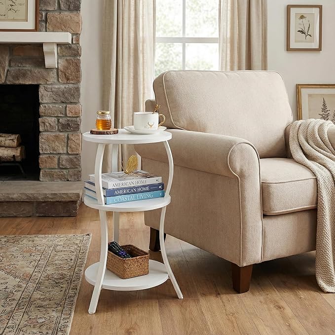 Vintage Small Round Side Table, 3-Tier Slim Waist Circular End Table with Storage Shelf, Compact Tea Sofa Table, Round Corner Coffee Table Nightstand for Living Room Bedroom Small Spaces,White