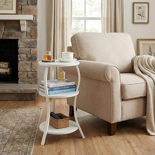 Vintage Small Round Side Table, 3-Tier Slim Waist Circular End Table with Storage Shelf, Compact Tea Sofa Table, Round Corner Coffee Table Nightstand for Living Room Bedroom Small Spaces,White