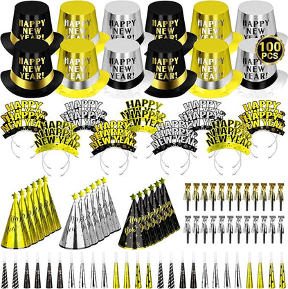 100PCS New Years Party Supplies, New Years Eve Headband 50 Guests, New Year Party Supplies, Cardboard Cone Hat Eve Hats and Tiaras Party Horns Fringed NYE Gold Black Silver