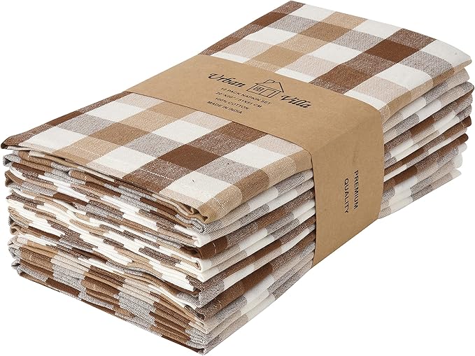 Urban Villa Cotton Dinner Napkins Set of 12, 20x20 Inche Soft Premium Cotton Napkins, Hotel Quality Highly Absorbent, Reusable & Washable Table Dinner Napkins (Taupe/Choco/Ivory, Buffalo Checks)