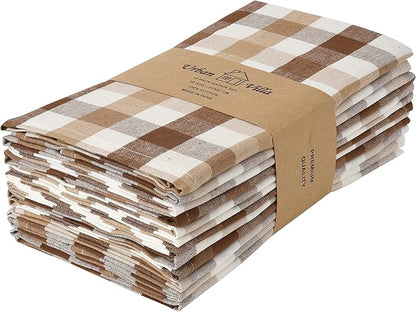 Urban Villa Cotton Dinner Napkins Set of 12, 20x20 Inche Soft Premium Cotton Napkins, Hotel Quality Highly Absorbent, Reusable & Washable Table Dinner Napkins (Taupe/Choco/Ivory, Buffalo Checks)
