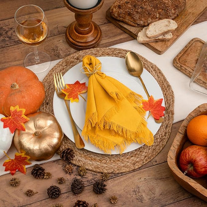 Blue Needles Handmade Cotton Linen Cloth Napkins with Fringes - Set of 6 Golden Yellow Dinner Table Napkins 18x18 Inch Hemmed Edges Washable Soft Reusable Perfect for Fall Thanksgiving & Family Dinner