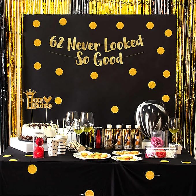 62 Never Looked So Good Gold Glitter Banner - 62nd Anniversary and Birthday Party Decorations