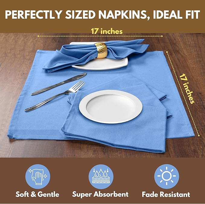 Native Fab Cloth Dinner Napkins, Set of 12, 17"x17", Soft, Absorbent, 100% Cotton, Restaurant Hotel Quality - Cocktail Napkins, Wedding, Dinner Napkins - Everyday Use, Easy Care Washable - Sky Blue