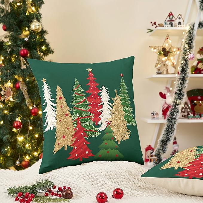 Christmas Pillow Covers 18x18 Inch Set of 2 Green Decorative Christmas Tree Throw Pillows Linen Winter Holiday Decor for Home Sofa Couch Bed Chair