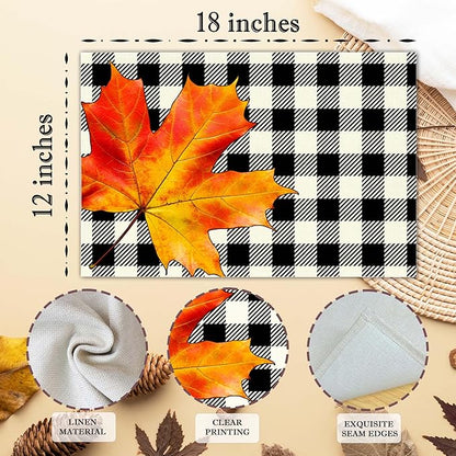 Hello Fall Placemats Set of 4, 12x18 Inch Maple Leaves Buffalo Plaid Table Mats, Washable Heat Resistant Place Mats for Kitchen Dining Table, Autumn Home Farmhouse Decor-B01