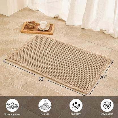 Waffle Bath Mat Non Slip, Boho Bathroom Rug, Super Absorbent Quick Dry Bathroom Mat, Soft Farmhouse Bath Rug with Tassels, Small Washable Shower Mats for Floor 20"x32", Brown