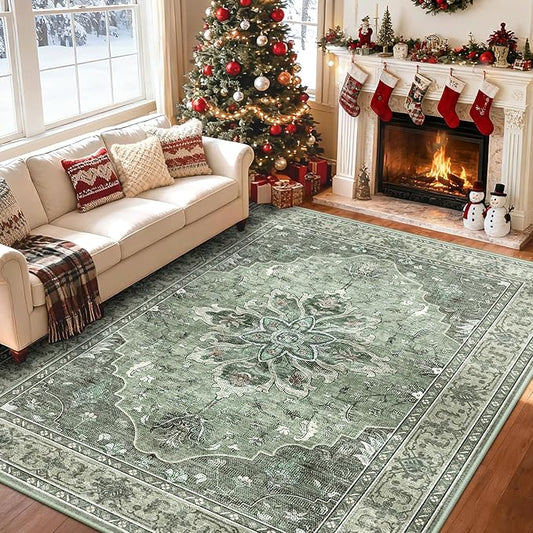 Area Rugs 6'x8' Washable Non-Slip, Floral Vintage Distress Print Pattern Medallion Carpet for Living Room Bedroom Dining Room, Dark Green Gray