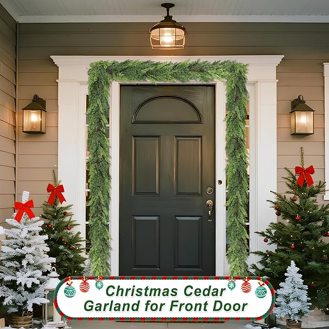 9 FT Christmas Cedar Garland, Thick Green Cypress Garlands, Real Touch Pine Garlands, Realistic Garland Christmas Decorations for Outdoor Indoor Table Mantel Railing Stair Porch Decor
