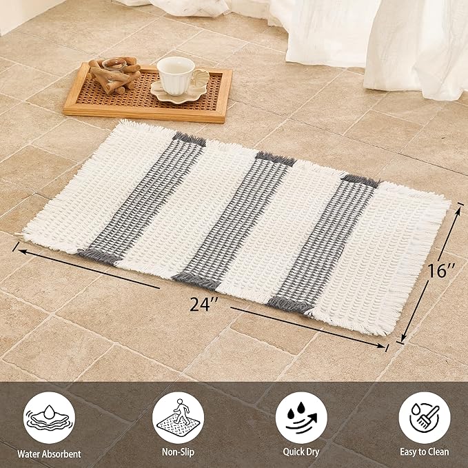 Waffle Bath Mat Non Slip, Boho Bathroom Rug, Super Absorbent Quick Dry Bathroom Mat, Soft Farmhouse Bath Rug with Tassels, Small Washable Shower Mats for Floor 16"x24", White and Grey
