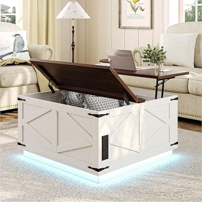 Farmhouse Lift Top Coffee Table, Square Wood Center Table with LED Lighting, USB-C Charging Station, and Hidden Storage Compartment - Rustic White & Oak Living Room Furniture