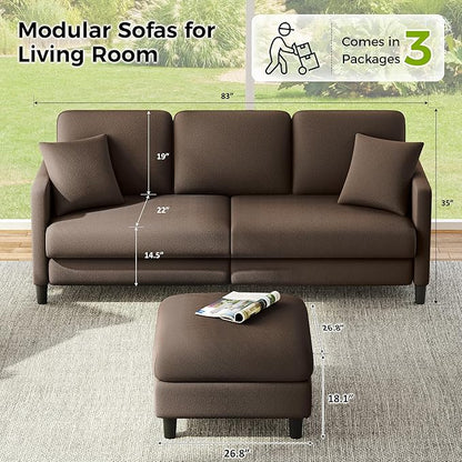 83" Couches for Living Room, Comfy Sofas for Living Room with Storage Ottoman, Teddy Sofa Couch, Tool-Free Loveseat Sofa, All-Wood Love Seat Couches, L Shaped Couch 2 Pillow Included, Khaki