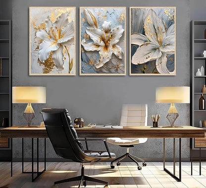 3Pcs Abstract Golden White Flower Wall Art Boho Gold Foil Blossom Canvas Oil Painting 2D Plane Textured Floral Wall Decor Nordic lily Posters Prints for Living Room Bedroom Office Pictures Unframed