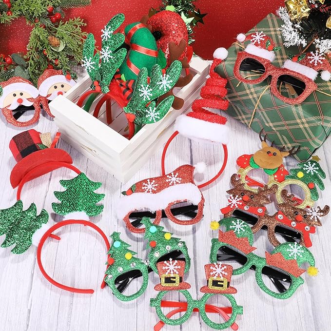 Aodaer 16 Pcs Christmas Party Favors, Christmas Glasses and Headbands Ornaments, Xmas Head Boppers and Glitter Eyewear Costume Accessories for Xmas Party Supplies & Photo Booth