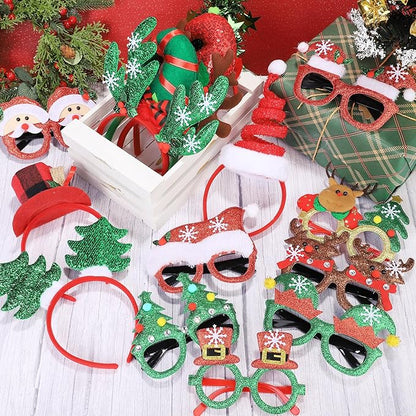 Aodaer 16 Pcs Christmas Party Favors, Christmas Glasses and Headbands Ornaments, Xmas Head Boppers and Glitter Eyewear Costume Accessories for Xmas Party Supplies & Photo Booth
