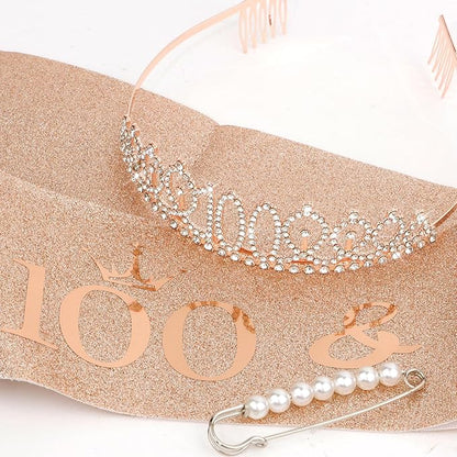 CIEHER 100th Birthday Crown + 100 & Fabulous Birthday Sash + Pearl Pin Set, 100th Birthday Gifts for Women Friends 100th Birthday Decorations Women Happy 100th Birthday Party Supplies