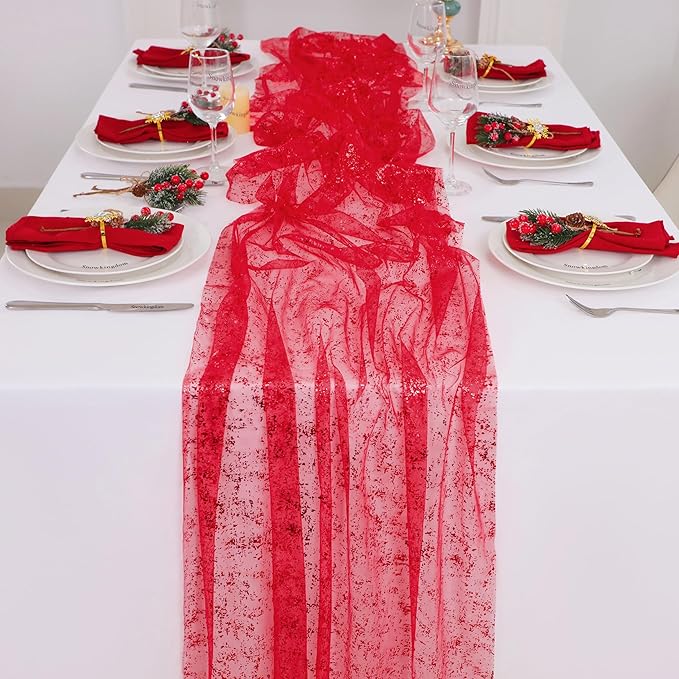 Snowkingdom 6 Pcs Red Glitter Table Runner 10 FT, Sheer Chiffon Sparkle Gauze Cheesecloth Mesh Runners 120 Inch, Red Table Centerpieces Decoration for Birthday Party Wedding Christmas Mothers Day