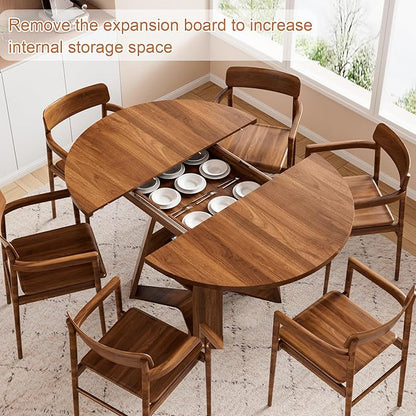 43.3in-59in Extendable Round Dining Table for 4-6,Modern Kitchen Oval Dining Table with Removable Leaves Space Saving,Wood Base with Storage Shelf for Kitchen Living Room