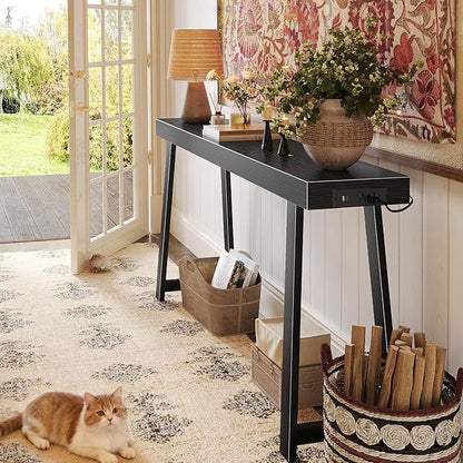 Huuger Entryway Console Table with Charging Station, USB-C Port, 53.9 Inch Sofa Table with Metal Legs, Entry Hallway Table with Deeper Desktop, Modern Behind Couch Table, Black