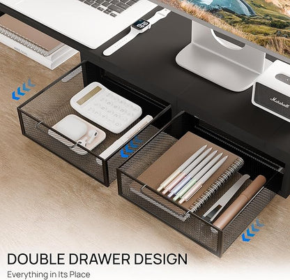 ZIFTY Dual Monitor Stand Riser with 2 Drawer and Smartphone Holder Wooden Desk Organizer, Adjustable Length & Angle Workspace Organizers for 3 Monitors Laptop Printer Computer, Black