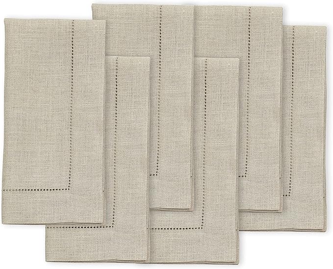 Solino Home Natural Linen Napkins Set of 6-100% Pure Linen Hemstitch Dinner Napkins 20 x 20 Inch for Fall, Autumn, Christmas, Holiday, New Year - Classic Hemstitch