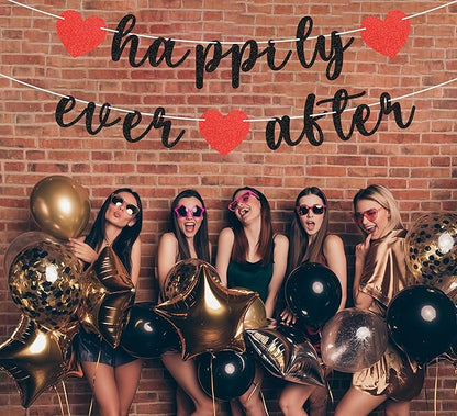 Pre-Strung Happily Ever After Banner - Black Glitter Bachelorette Bridal Engagement Party Decoration Supplies, Bachelorette Wedding Party Banner for Engagement, Bridal Shower, Wedding Party Photo Booth Props