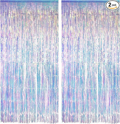Iridescent Party Streamers Backdrop - GREATRIL Neon Transparent Holographic Tinsel Foil Fringe Curtain for Mermaid/Frozen/Sea/Euphoria/ERAS Party Theme Decorations 3.2ft x 6.5ft 2 PCS