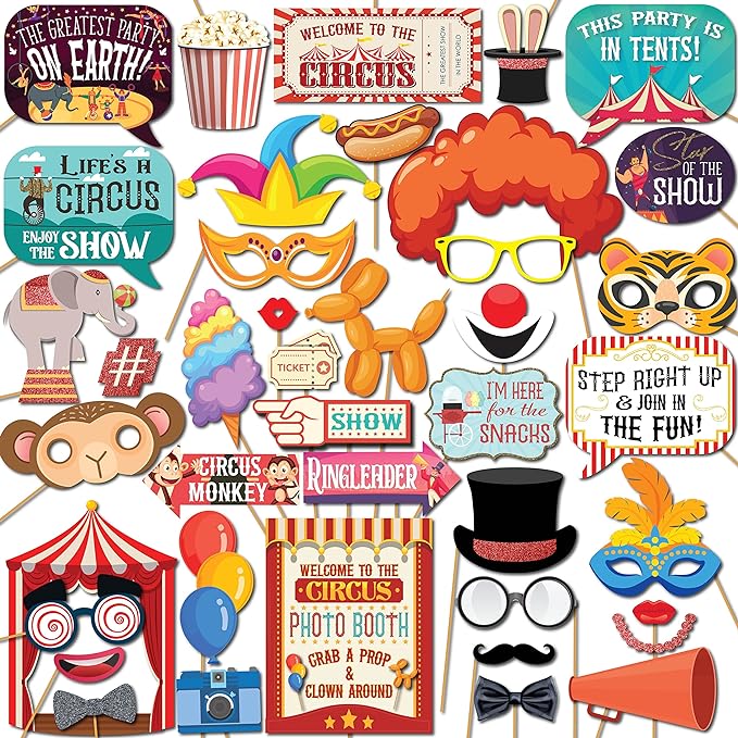 Carnival Photo Booth Props - 41-pc Photobooth Kit with 8 x 10-Inch Sign, 60 Adhesive Pads, 45 Sticks - Circus Theme Party Decorations - Carnival Backdrop