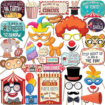 Carnival Photo Booth Props - 41-pc Photobooth Kit with 8 x 10-Inch Sign, 60 Adhesive Pads, 45 Sticks - Circus Theme Party Decorations - Carnival Backdrop