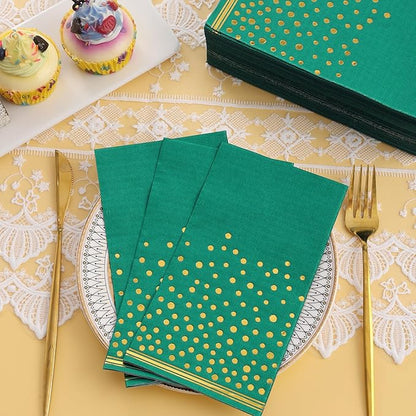 100 Pcs Green Paper Napkins Gold Dot Party Napkins Disposable Green Dinner Napkins for Birthday Bathroom Wedding Christmas Holidays Party Supplies