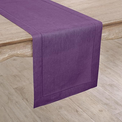 Solino Home Linen Purple Table Runner 36 Inches - Classic Hemstitch, 100% Pure Linen Coffee Table Runner 14 x 36 Inch Ideal for Dresser Tables - Fall, Autumn, Winter, Holiday