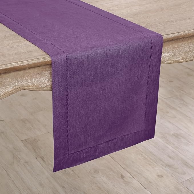 Solino Home Linen Purple Table Runner 156 Inches Long - 100% Pure Linen Extra Long Table Runner 14 x 156 Inch for Fall, Autumn, Christmas, New Year - Classic Hemstitch
