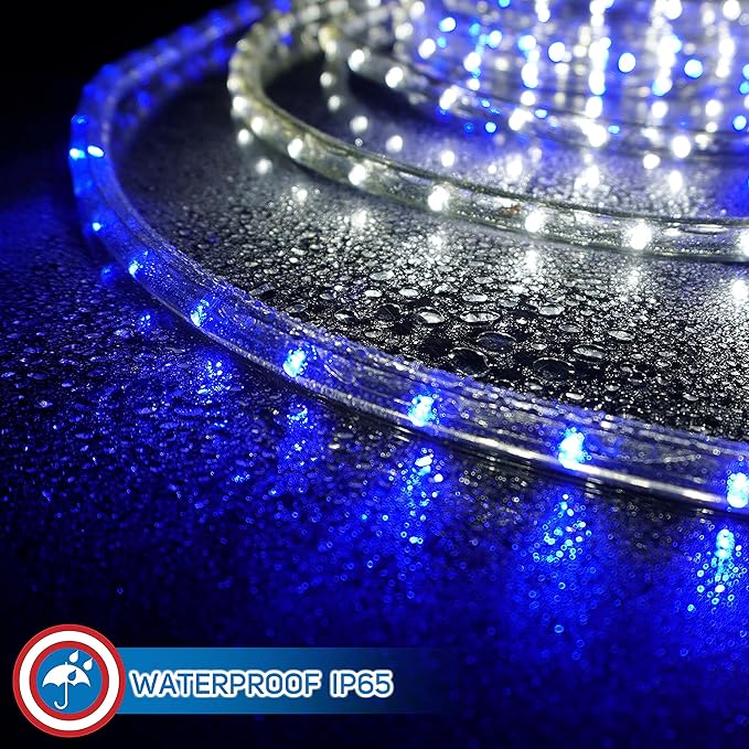 Russell Decor 60FT 648 LEDs Rope Lights Indoor Outdoor Lighting for Christmas Snow Theme Decoration for Party Trees Patio Deck Flexible String Lights (White Blue)