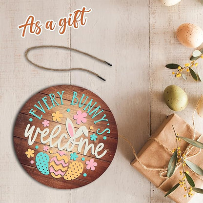 10" Easter Round Wooden Hanging Sign With Sisal Rope - Every Bunny Welcome Wooden Plaque For Front Door, Porch, Outdoor Indoor, Farmhouse Wall Decor Party Favor & Decorations - B06