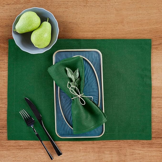 Solino Home Linen Cloth Placemats Set of 4 - 100% Pure Linen Pine Green Placemats 14 x 19 Inch for Fall, Autumn, Christmas, New Year - Fete