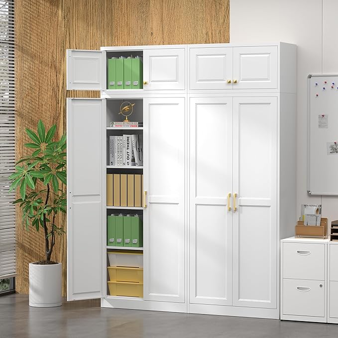 Steeloong86“ Kitchen Pantry Cabinet,Metal Storage Cabinets with Doors and 4 Adjustable Shelves,White Kitchen Cabinet with 4 Gold Handles,Tall Cabinet for Livingroom,Pantry, Bathroom