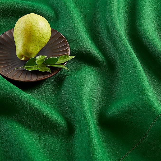 Solino Home Linen Garden Green Table Runner 132 Inches Long - 100% Pure Linen Extra Long Table Runner 14 x 132 Inch for Christmas, Winter, New Year - Classic Hemstitch