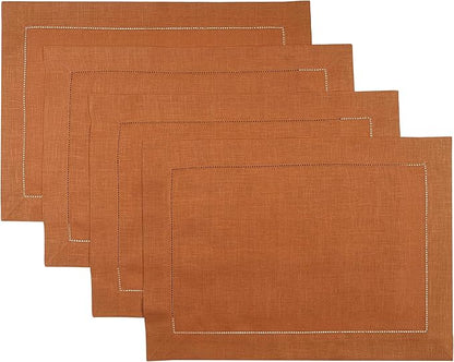 D'Moksha Homes Rust Linen Placemats Set of 4 - Classic Hemstitch Placemats 14 x 19 Inch - 100% Pure Linen Table Mats for Winter, Christmas, Holiday - Handcrafted and Machine Washable