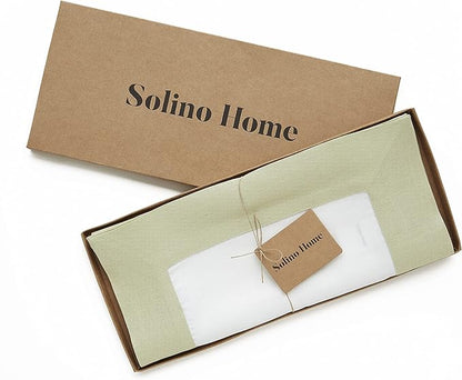 Solino Home Linen Table Runner 72 Inches Long - Sage Green and White 100% Pure Linen 14 x 72 Inch Table Runner for Dining, Fall, Autumn, Christmas, New Year - Contempo