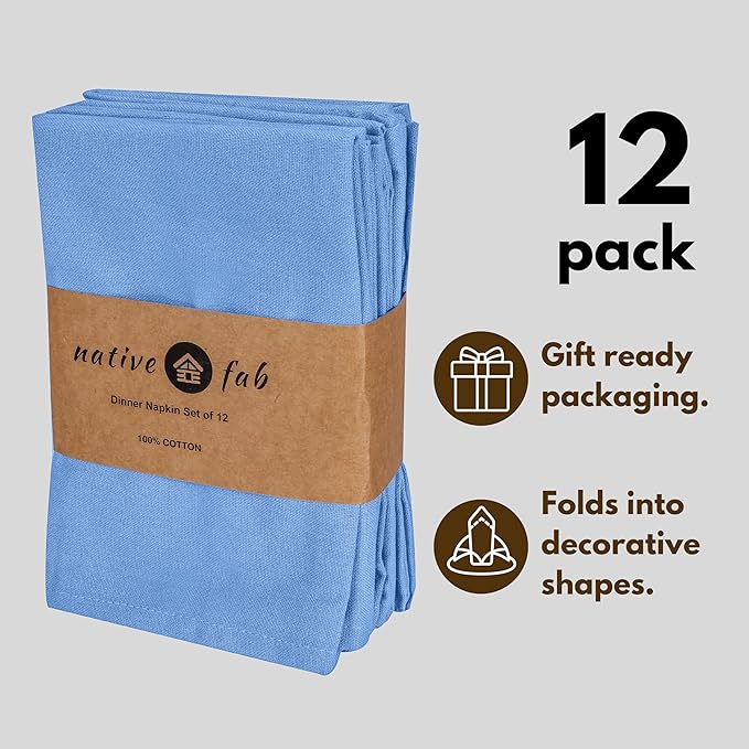 Native Fab Cloth Dinner Napkins, Set of 12, 17"x17", Soft, Absorbent, 100% Cotton, Restaurant Hotel Quality - Cocktail Napkins, Wedding, Dinner Napkins - Everyday Use, Easy Care Washable - Sky Blue
