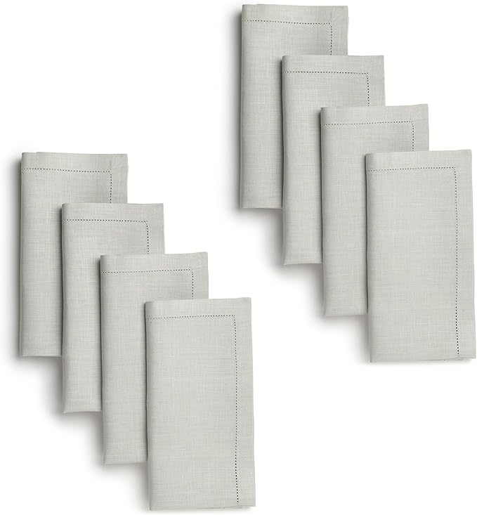 D'Moksha Homes Silver Grey Linen Napkins Set of 8 - Classic Hemstitch 100% Pure Linen Dinner Napkins Cloth 20 x 20 Inch for Winter, Christmas, Holiday - Handcrafted and Machine Washable