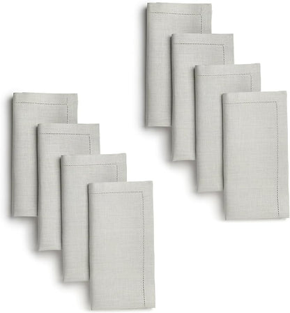 D'Moksha Homes Silver Grey Linen Napkins Set of 8 - Classic Hemstitch 100% Pure Linen Dinner Napkins Cloth 20 x 20 Inch for Winter, Christmas, Holiday - Handcrafted and Machine Washable
