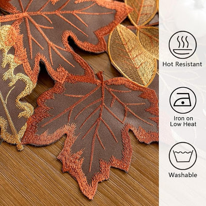 Joyfol Day Fall Thanksgiving Table Runner 14 x 33 Inches, Cutwork Embroidered Brown Maple Leaves Table Runners, Autumn Rust Dresser Scarf for Harvest Party Dinner Seasonal Decoration