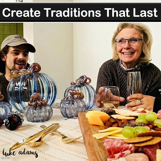 Luke Adams Glass | Handmade Glass Pumpkins | Handmade Table Top Home Decor (Squat, Green Tinsel)