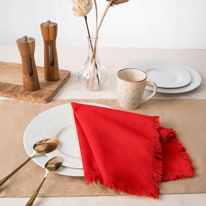 Blue Needles Handmade Cotton Linen Cloth Napkins with Fringes - Set of 6 Red Dinner Table Napkins 18x18 Inch Hemmed Edges Washable, Soft, Reusable, Perfect for Fall Thanksgiving & Family Dinner