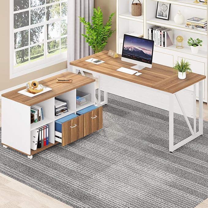 Tribesigns 63 inches Executive Desk and 47" lateral File Cabinet, L-Shaped Computer Desk Home Office Furniture Set with Drawers and Storage Shelves, Office Table with Cabinet (Walnut+White, 63)