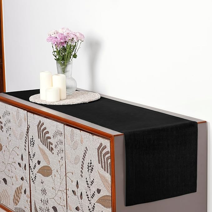 D'Moksha Homes Linen Black Table Runner 48 Inches - 100% Pure Linen Small Table Runner 14 x 48 Inch for Coffee Tables, Dresser, Winter, Christmas, Holiday - Machine Washable