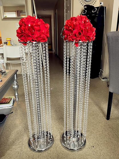 2Pcs 35.43in Tall Metal Wedding Centerpieces with Chandelier Acrylic Crystals Flower Stand, Elegant Wedding Centerpiece Decoration Leads Road Stands for Wedding Party Dinner Event Hotel Home Décor