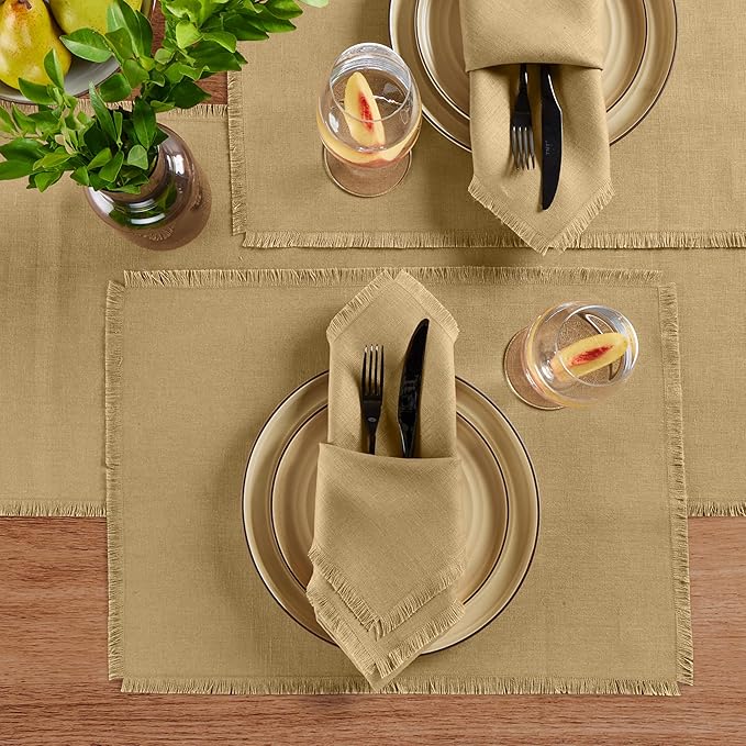 Solino Home Fringe Linen Placemats Set of 4 - 14 x 19 Inch Placemats Kelp - 100% Pure Linen Table Mats for Fall, Autumn, Christmas, Holiday, New Year - Handcrafted and Machine Washable